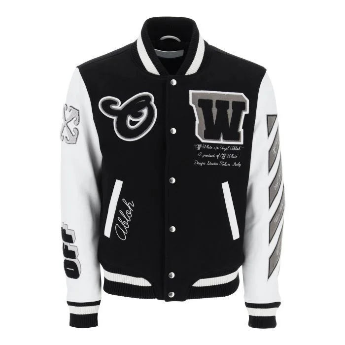 Button-Up Jackets for Traditional -Off-White lea varsity bomber jacket