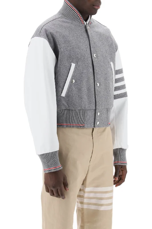 Yoga Jackets for Relaxation -Thom browne wool bomber jacket with leather sleeves and