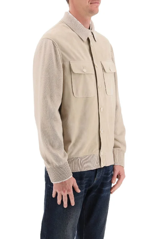 Khaki Jackets for Casual -Brunello cucinelli leather and knit hybrid jacket