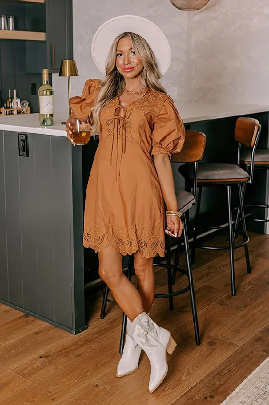 Plus size dresses with breathable fabrics stay cool -Chic Feeling Embroidered Mini Dress in Camel