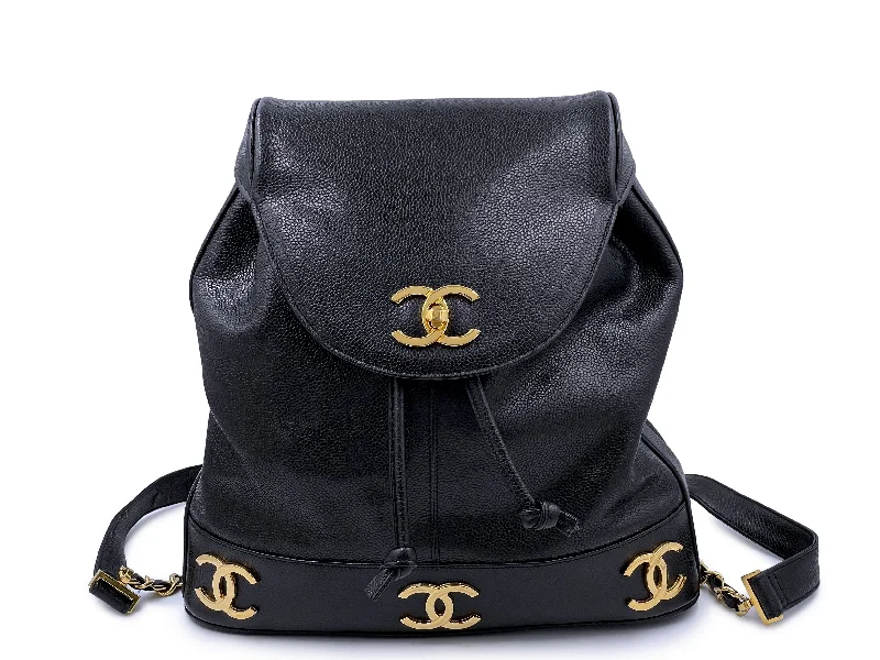 Lightweight sling backpack for one-shoulder ease -Chanel 1994 Vintage Black Caviar Classic Gold CC Backpack Bag 24k GHW