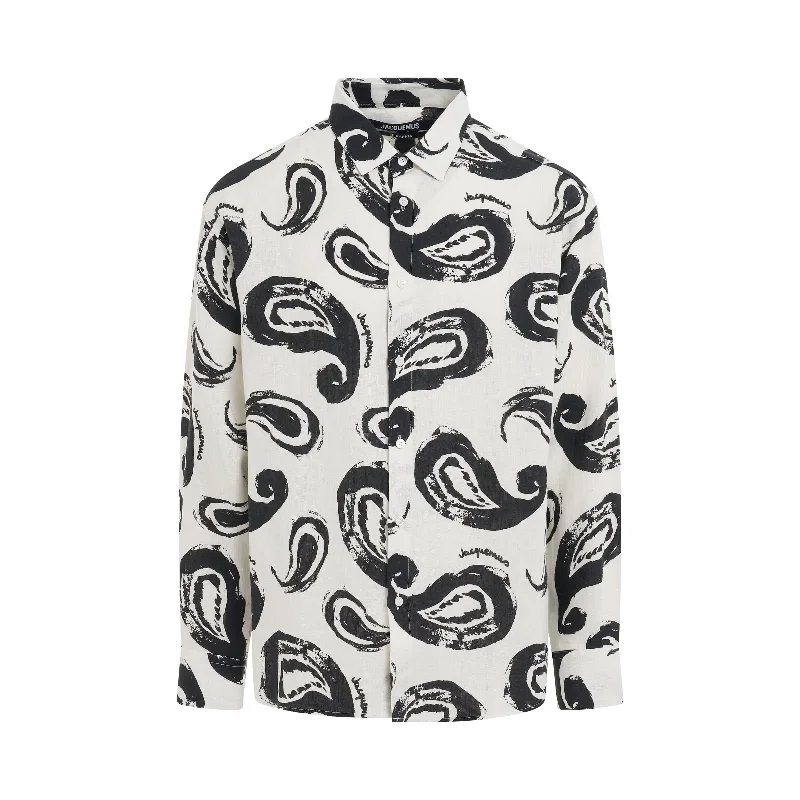 Compact hiking backpack with rain cover included -Simon Shirt in White/Black Paisley