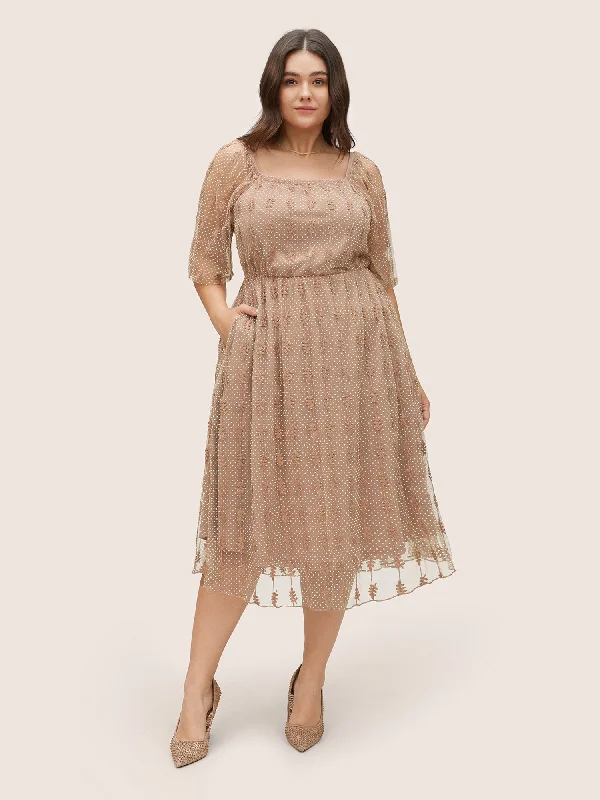 Plus size dresses featuring geometric prints are trendy -Square Neck Texture Embroidered Mesh Dress