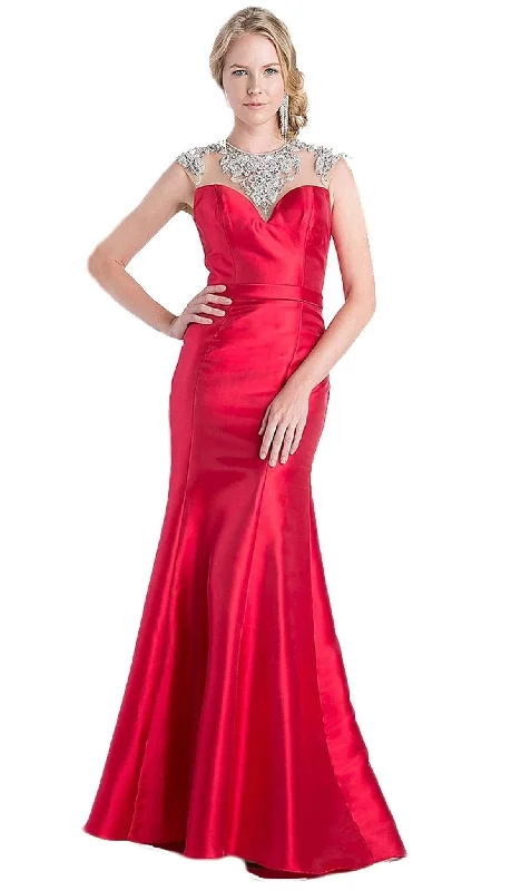 Plus size dresses for wide hips fit nicely -Cinderella Divine - CJ221 Embellished Illusion Jewel Neck Trumpet Dress