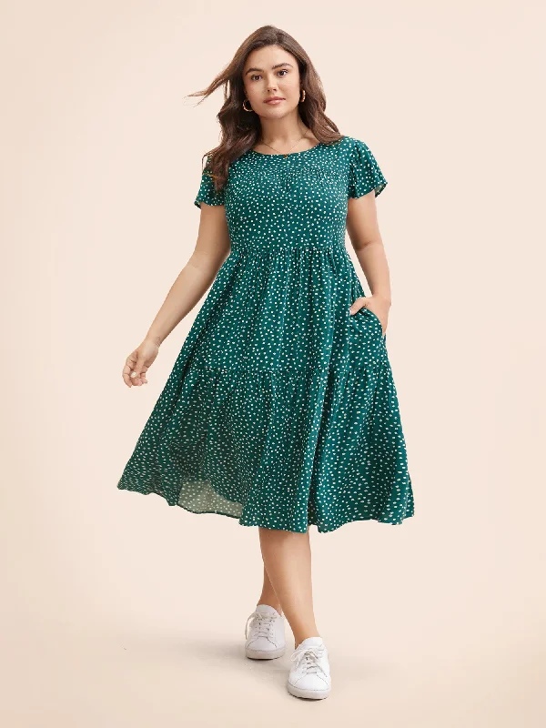 Plus size dresses for fuller busts fit perfectly -Polka Dot Pocket Cap Sleeve Gathered  Layered Dress