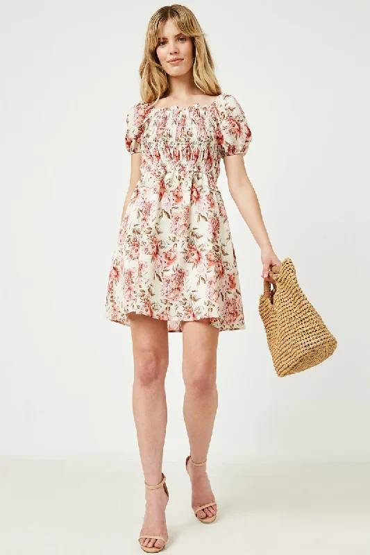 Plus size dresses featuring geometric prints are trendy -Floral Puff Sleeve Mix Smocked Mini Dress