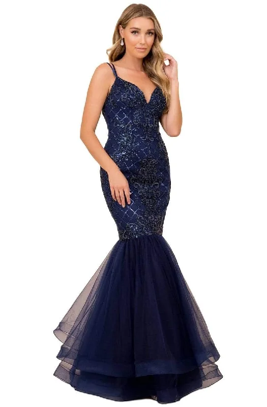 Trendy plus size dresses with bold prints stand out -Nox Anabel - H399 Crisscross Back Beaded Trumpet Gown