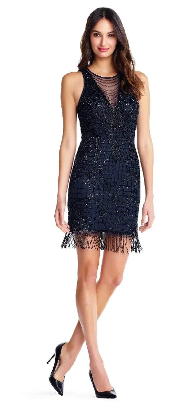 Plus size dresses for outdoor parties stay fun -Aidan Mattox - MD1E202820 Illusion Neck Lattice Fringe Beaded Dress