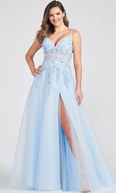 Plus size dresses featuring chiffon layers feel airy -Ellie Wilde - Floral Lace A-Line Prom Dress EW122057 - 1 pc Light Blue In Size 22 Available