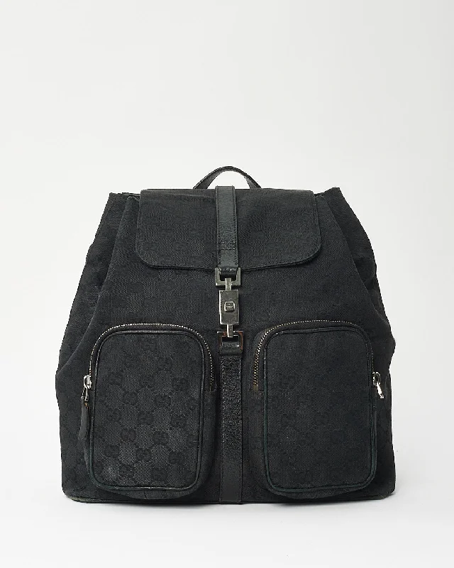 Foldable travel backpack for easy packing convenience -Gucci Black Monogram Canvas Jackie GG Rucksack Backpack