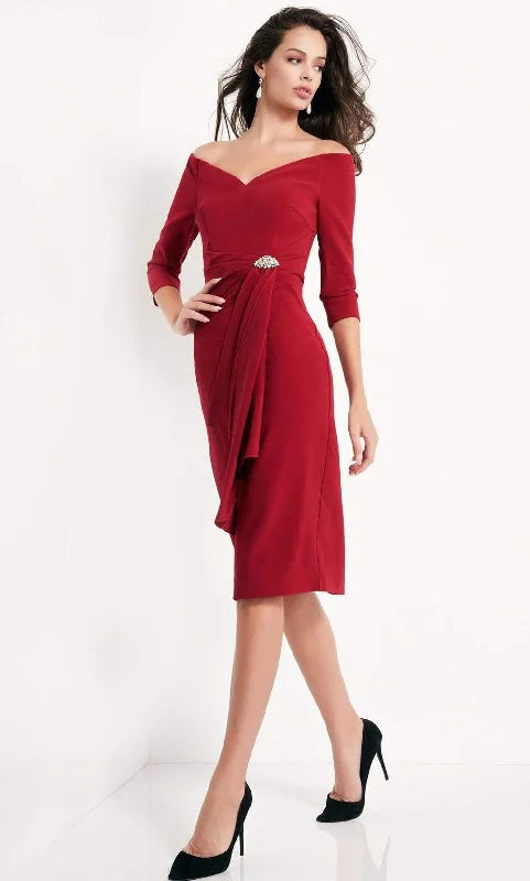 Plus size dresses for summer nights shimmer lightly -Jovani - 02949 Three Quarter Sleeve V-Neck Off Shoulder Cocktail Dress