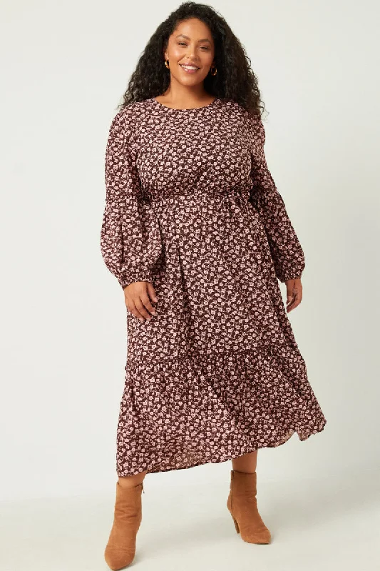 Plus size dresses with V-necks elongate figures -Floral Print Ruffled Balloon Sleeve Belted Midi Dress