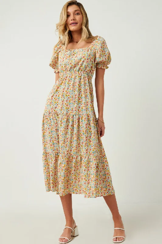 Plus size dresses featuring maxi lengths flow gracefully -Floral Print Smocked Back Square Neck Puff Sleeve Dress