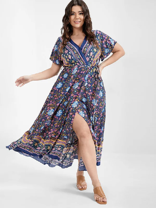 Plus size dresses for outdoor events stay comfy -Floral Belted Ruffles Button Wrap Maxi Dress