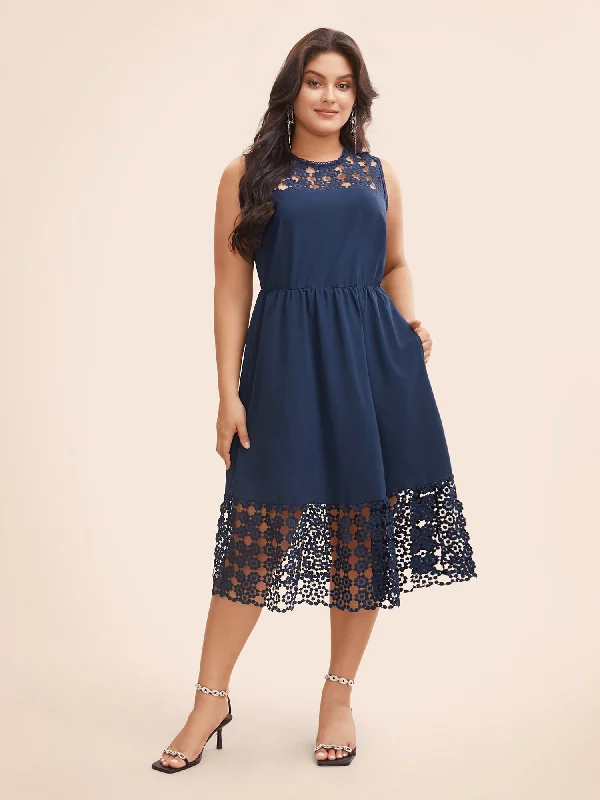 Plus size dresses for outdoor parties stay fun -Lace Panel Elastic Waist Sleeveless Dress