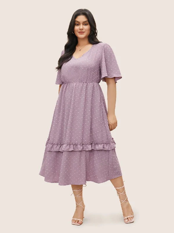 Plus size dresses with supportive fits lift spirits -Polka Dot V Neck Pocket Ruffle Midi Dress