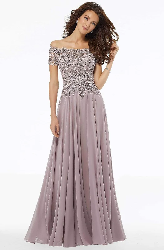 Plus size dresses with bright hues feel lively -MGNY By Mori Lee - 72133 Off Shoulder Lace Appliqued Chiffon Dress