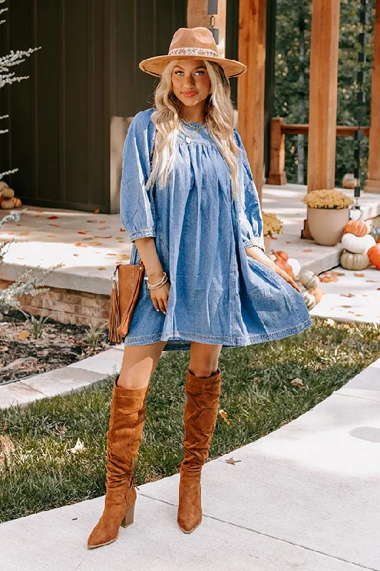 Plus size dresses with wrap fronts fit well -Countryside Cutie Denim Mini Dress