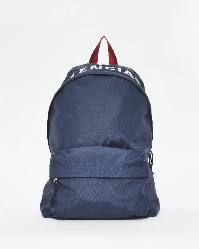 Convertible backpack for switching to shoulder bag -Balenciaga Navy White & Red Logo Canvas Backpack