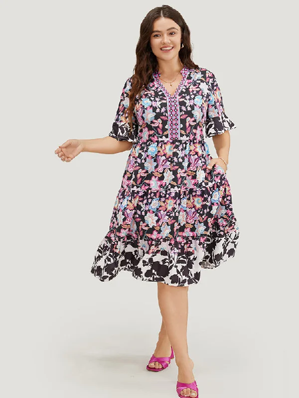 Plus size dresses featuring striped patterns are fresh -Floral Print Pocket Ruffle Tiered Bell Sleeve Dress