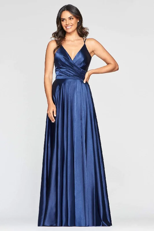 Plus size dresses for chic evenings glow quietly -Faviana - S10429 V Neck Pleated Bodice Lace-Up back Satin Gown