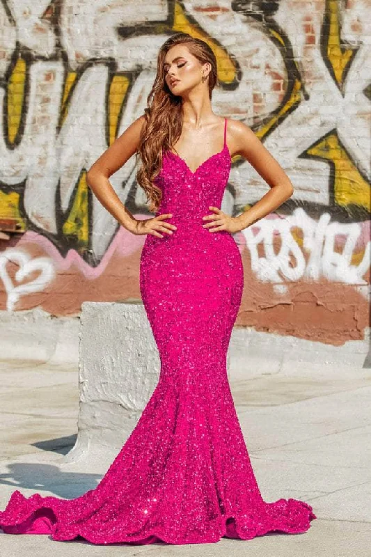 Plus size dresses with breathable layers stay airy -Portia and Scarlett - PS21207 Spaghetti Strap Sequin Simple Prom Mermaid Gown