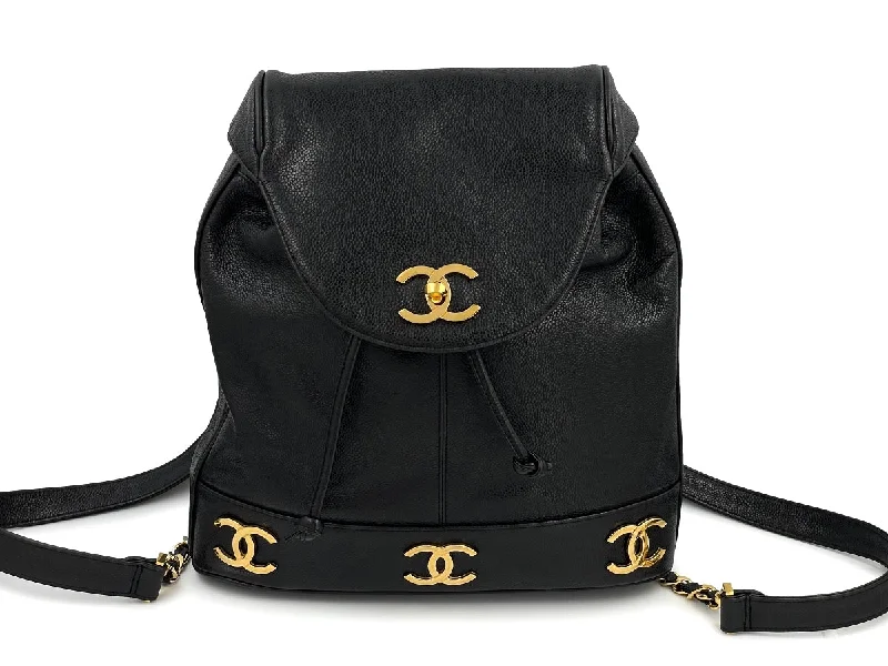 Weatherproof backpack for unpredictable climate conditions -Chanel 1996 Vintage Black Caviar Golden CC Backpack Bag 24k GHW