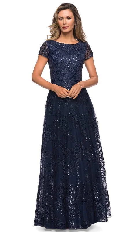 Plus size dresses with short sleeves suit spring -La Femme - Sequined Lace Bateau A-line Dress 27837SC - 1 pc Navy In Size 12 Available