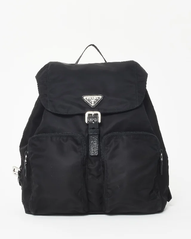 Lightweight sling backpack for one-shoulder ease -Prada Black Nylon Double Front Pocket Re-Nylon Medium Backpack