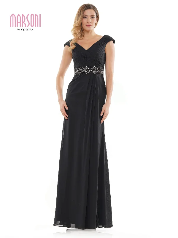 Plus size dresses featuring neutral tones pair easily -Marsoni by Colors - M169 Ruched Wrap Cap Sleeve Gown