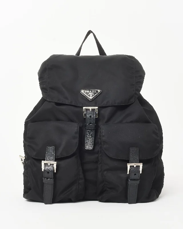 Stylish floral backpack for women’s summer style -Prada Black Re- Nylon Double Front Pocket Medium Backpack