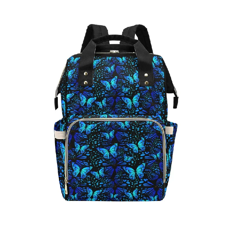 Large capacity backpack for extended camping trips -Butterflies Blue Multi Function Backpack with Black Handles