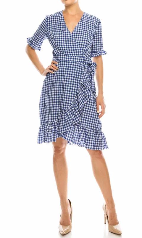 Elegant plus size dresses for weddings fit beautifully -Maggy London - G3958M Gingham Print Ruffle Trimmed Dress