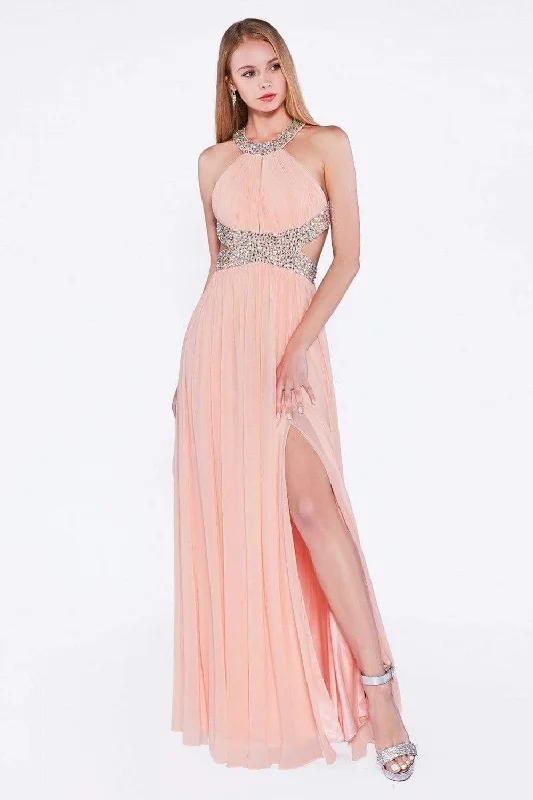 Plus size dresses featuring pleated skirts flow nicely -Cinderella Divine - J714 Bejeweled Halter Ruched A-line Dress