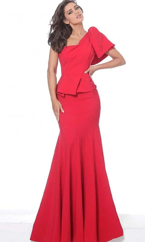 Plus size dresses with comfy fits ease days -Jovani - 03856 Bow Accent One Shoulder Peplum Waist Mermaid Gown