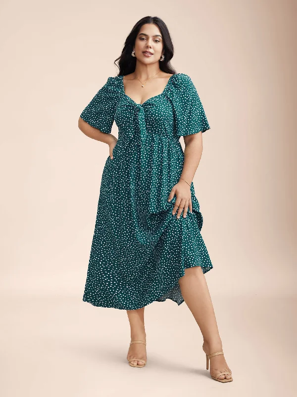 Plus size dresses with comfy fits ease days -Rayon Polka Dot Neck-Tie Midi Dress