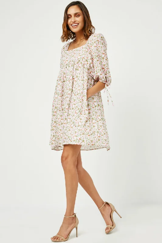 Plus size dresses for bridal parties glow elegantly -Tie Sleeve Square Neck Floral Tunic Dress