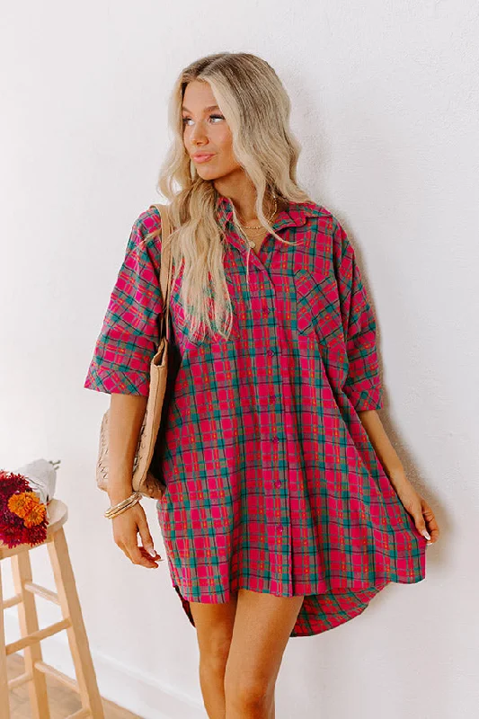 Plus size dresses featuring glitter accents sparkle bold -Cider Sippin' Oversized Plaid Mini Dress in Pink