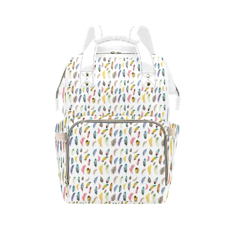 Eco-conscious backpack with sustainable fabric choices -Colourful Feathers Multi Function Backpack with White Handles