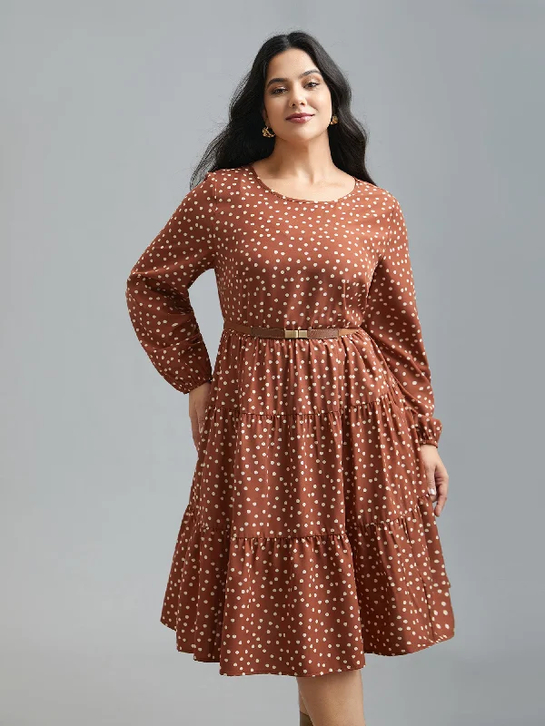 Plus size dresses with sleek necks stay elegant -Polka Dot Waist-Cinched Tiered Dress