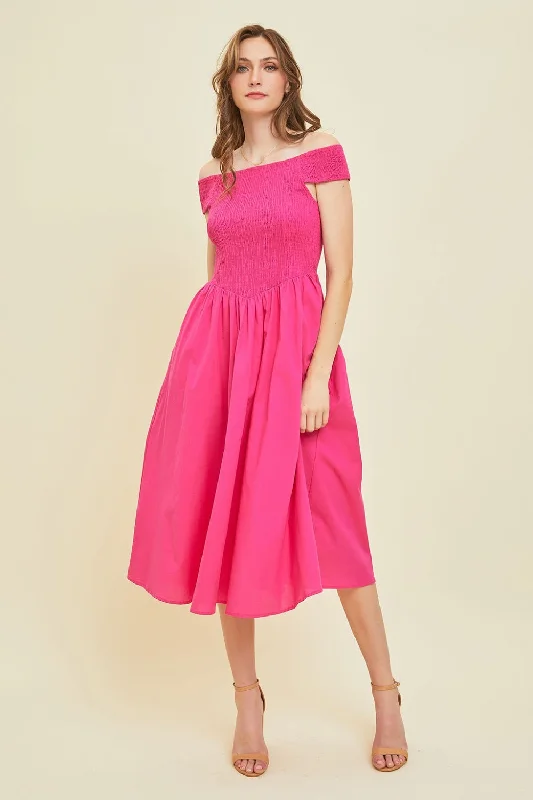 Plus size dresses for summer nights shimmer lightly -HEYSON Off-Shoulder Smocked Midi Dress