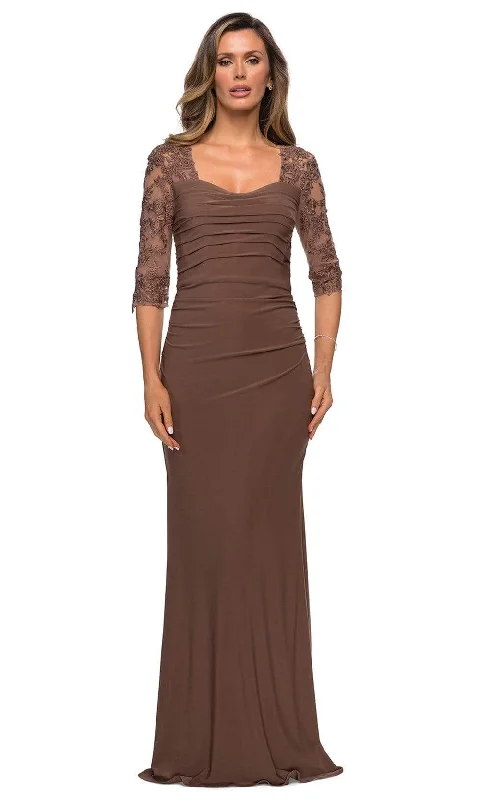 Plus size dresses with sleek lines look modern -La Femme - 28056 Lace V-Neck Jersey Mother of the Bride Dress