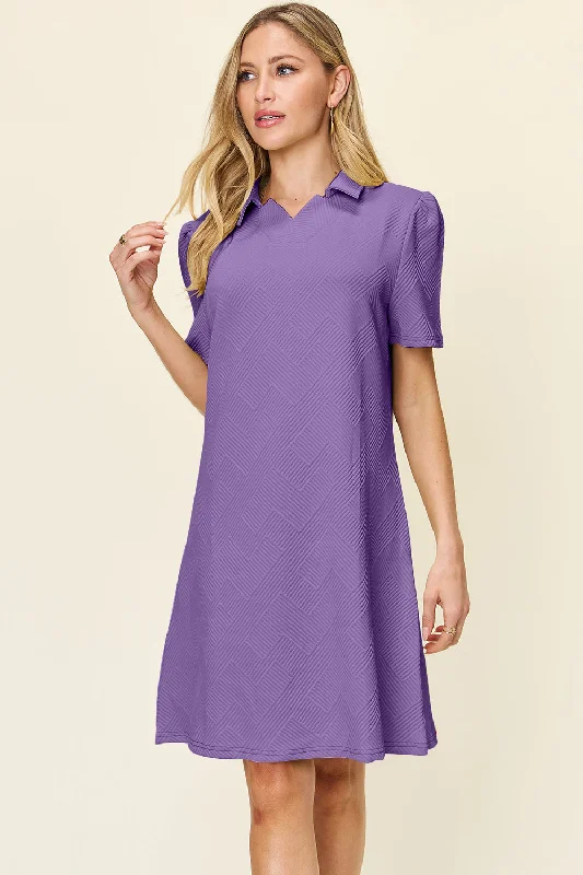 Plus size dresses for celebrations shine with style -Double Take Full Size Texture Collared Neck Short Sleeve Dress