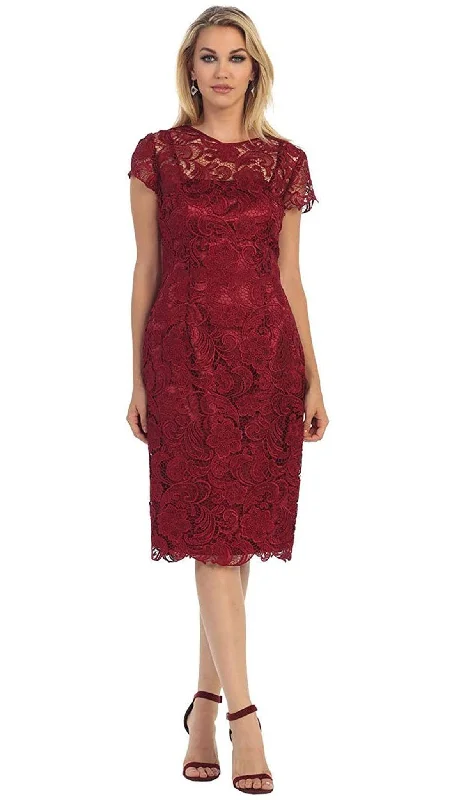 Plus size dresses featuring beaded hems are ornate -May Queen - Short Sleeve Sheer Scalloped Lace Formal Dress