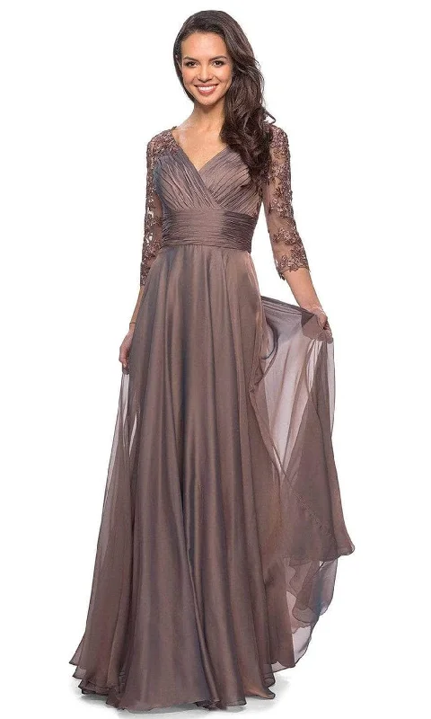 Plus size dresses for evening wear glow softly -La Femme - 27153 Sheer Lace Quarter Sleeves Empire Waist Chiffon Gown