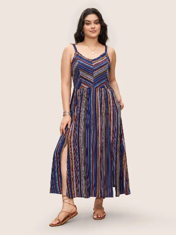 Plus size dresses with midi lengths balance well -Striped Contrast Pocket Split Ruffle Hem Spaghetti Strap Dress