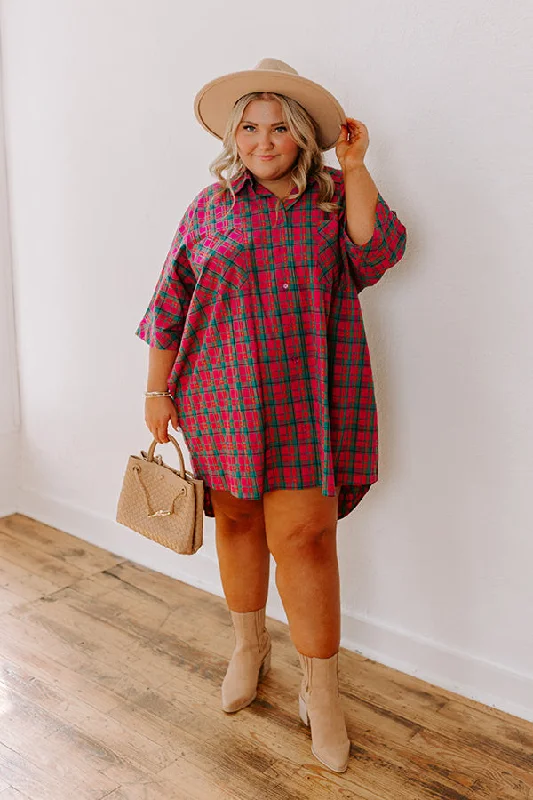 Plus size dresses with sturdy hems stay firm -Cider Sippin' Oversized Plaid Mini Dress in Pink Curves