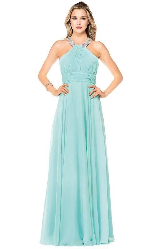 Plus size dresses with midi lengths balance well -Glow by Colors - G183 Gem Beaded Halter Chiffon Evening Dress