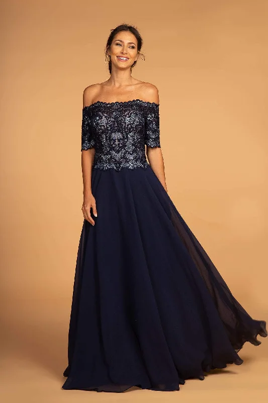 Plus size dresses with high necklines look refined -Elizabeth K - GL2525 Embroidered Off-Shoulder Chiffon A-line Dress