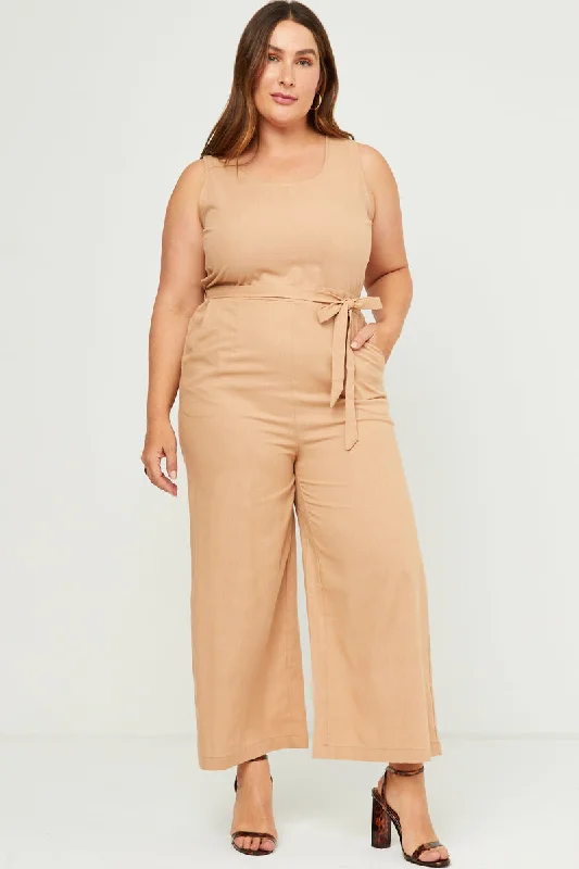 Plus size dresses for every mood adapt well -Scoop Neck Sleeveless Straight Leg Belted Jumpsuit